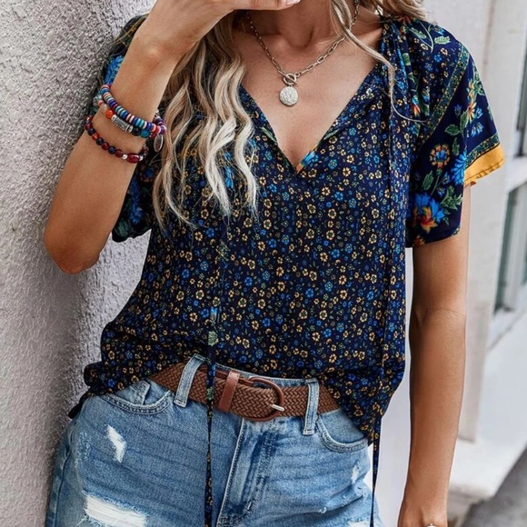 Tops - 05 Boho floral Print Cottagecore blouse